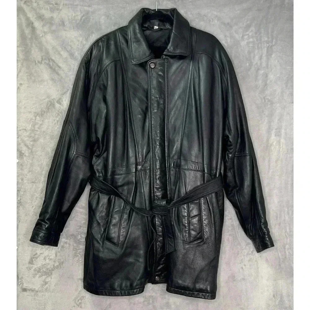 Vintage Stylish Retro Black Leather Belted‎ Jacket Men’s Size L Made In Pakistan